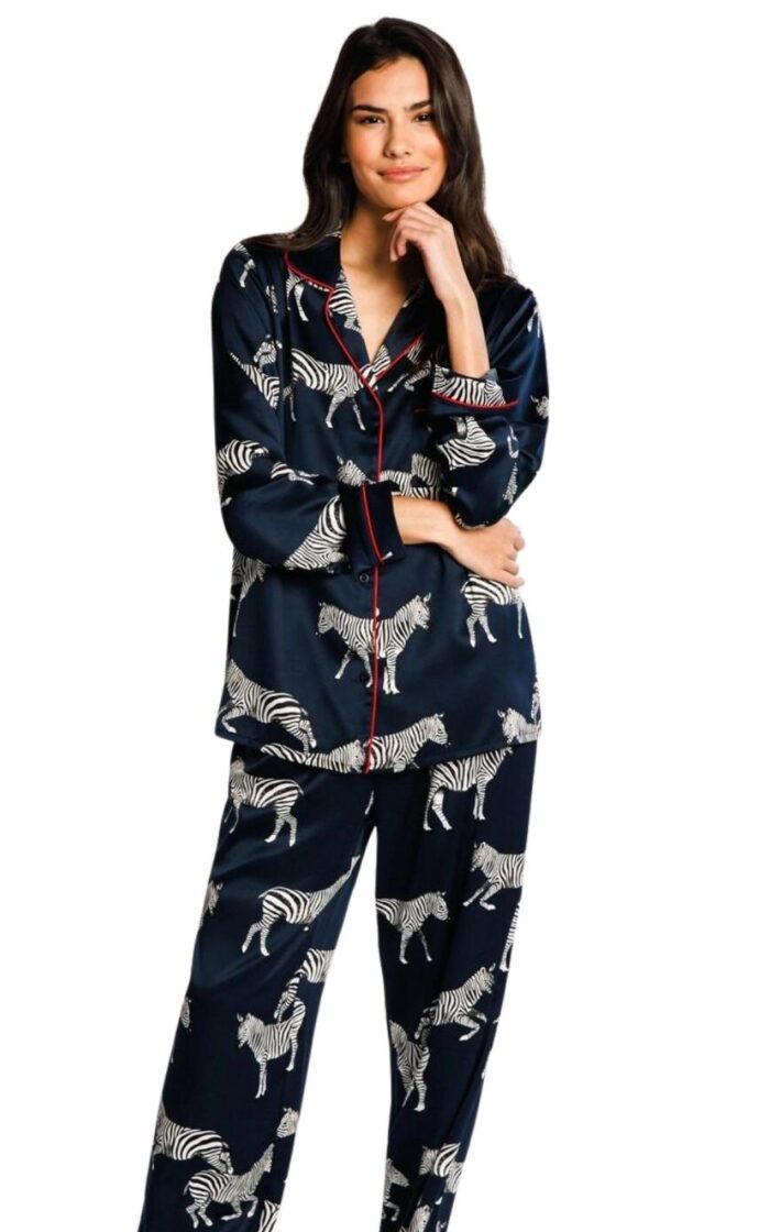 Chelsea Peers Satin Long Pyjama Set - Navy Zebra - S - 10