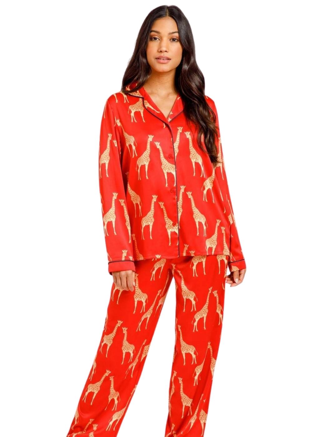Chelsea Peers Satin Long Pyjama Set - Red Giraffe - S - 10