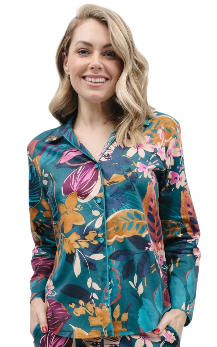 Cyberjammies Maple Pyjama Top - Teal Leaf Print - 2XL - 18