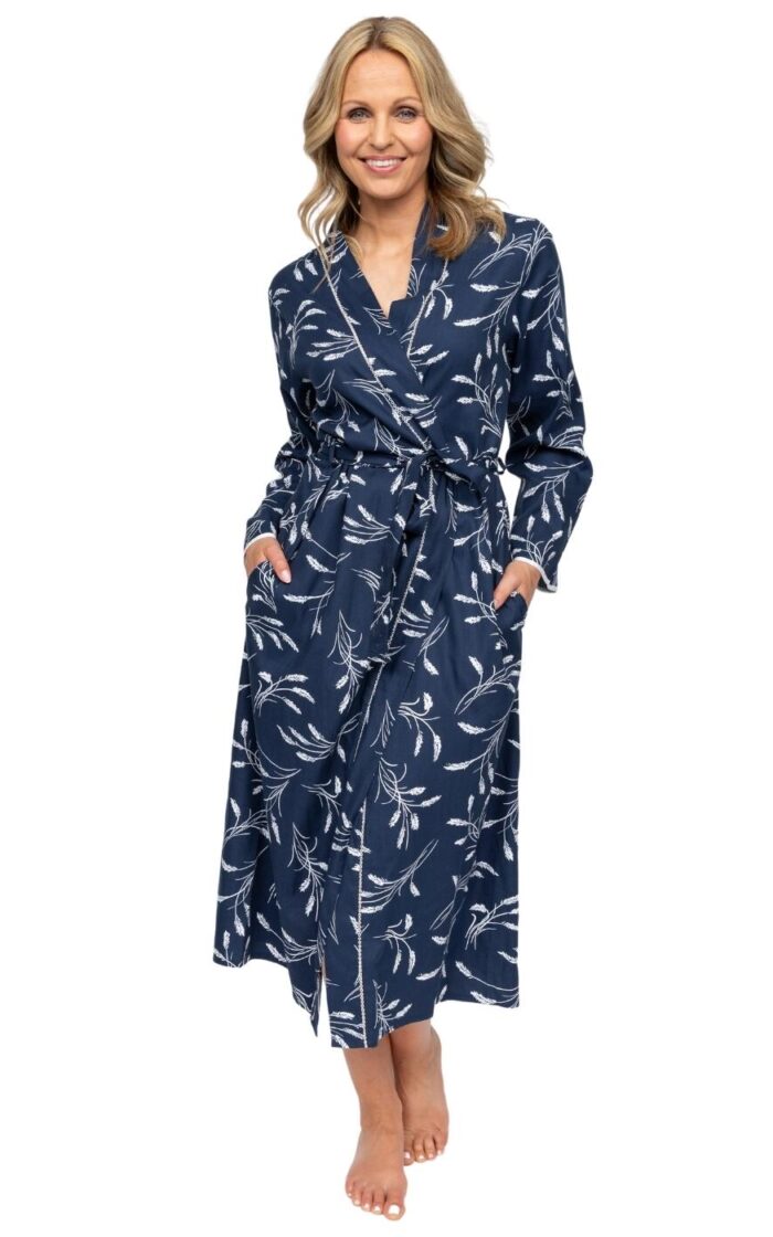 Cyberjammies Nora Rose Louisa Wheatsheaf Print Long Dressing Gown - Navy Mix - 4XL - 22