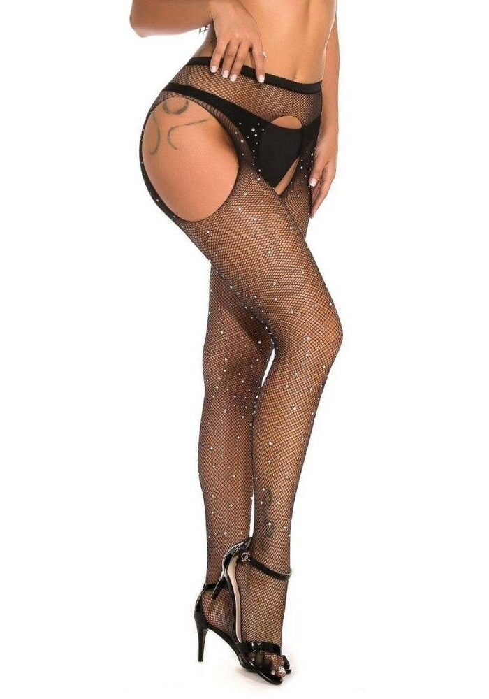Miss Naughty Rhinestone Crotchless Fishnet Tights
