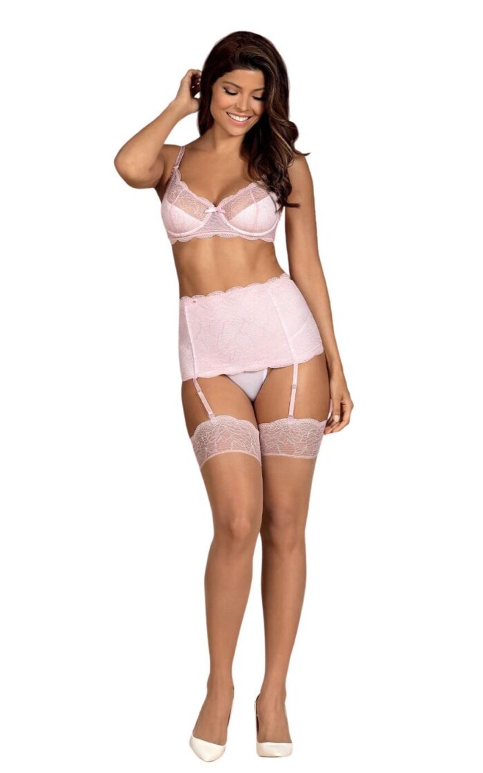 Obsessive Girlly Bra Garter Belt and Thong Set - Pink - S/M