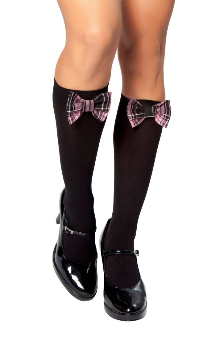 Pair of Black Stockings with Black and Pink Plaid Bow