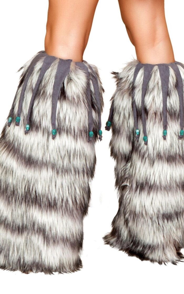 Pair of Fur Leg Warmers with Fringe and Bead Details