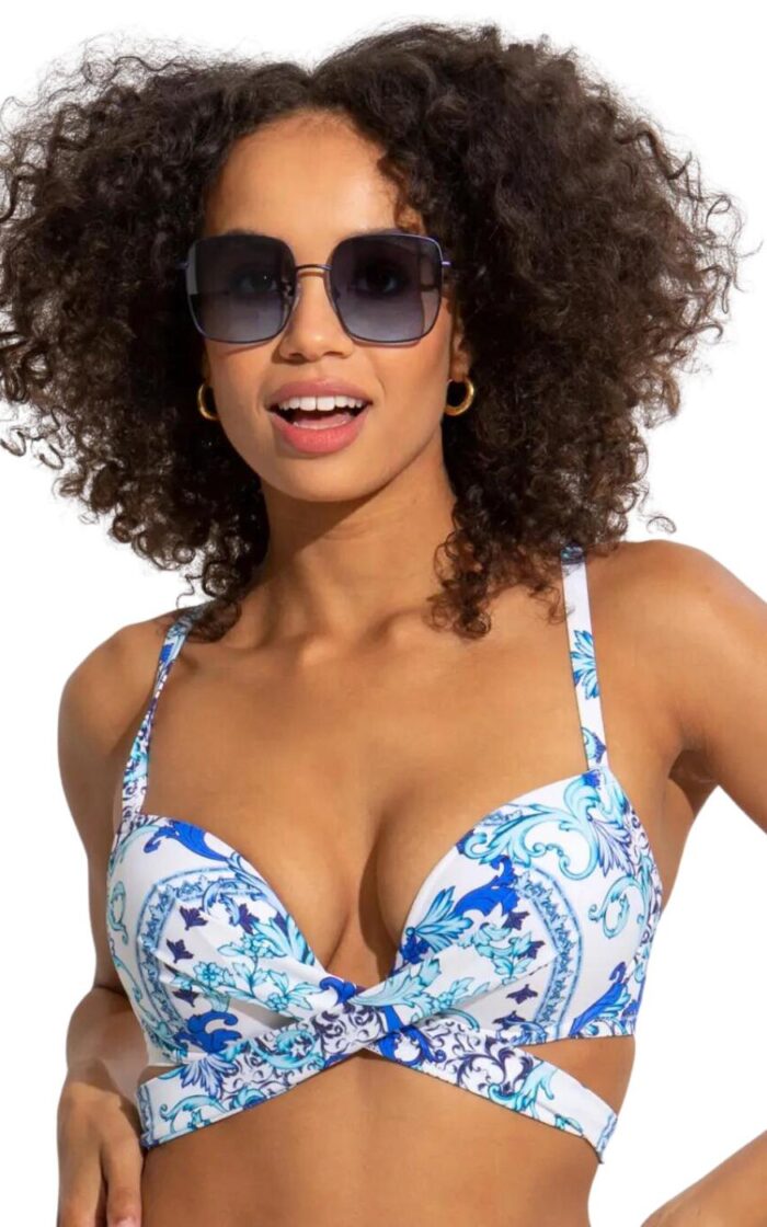 Pour Moi Amalfi Wrap Around Bikini Top - White/Blue - 32D