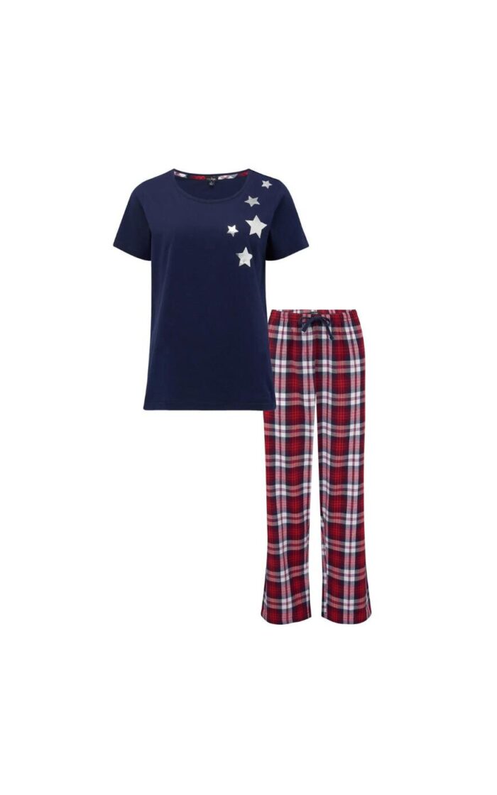 Pour Moi Cosy Check Trouser and Jersey T Shirt Pyjama Set - Navy/Red - 4XL - 22