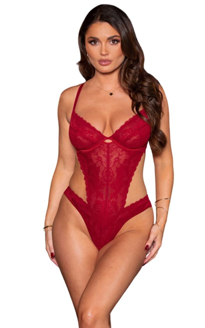 Pour Moi For Your Eyes Only Underwired Crotchless Body - Red - 40C
