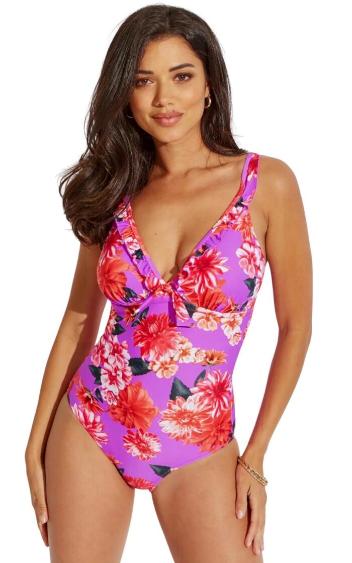 Pour Moi Getaway Frill Control Swimsuit - Ultraviolet Floral - XS - 8