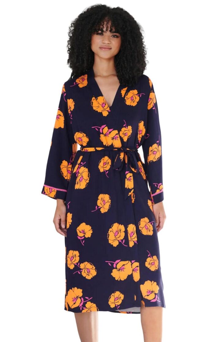 Pour Moi Luxe Woven Twill Longline Gown - Navy/Orange Floral - L - 14