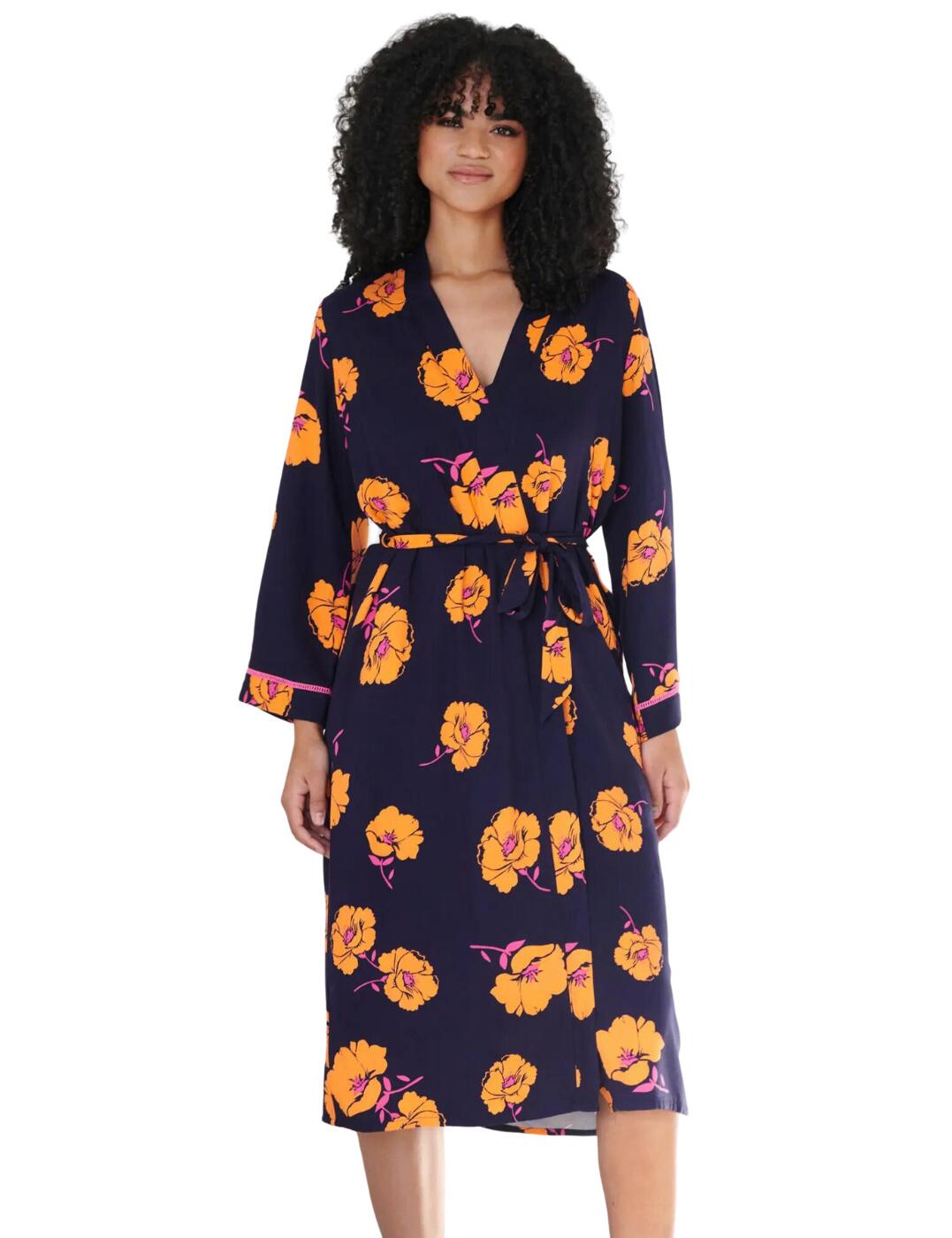 Pour Moi Luxe Woven Twill Longline Gown - Navy/Orange Floral - L - 14