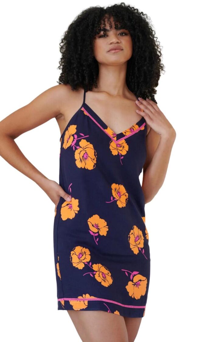 Pour Moi Luxe Woven Twill Secret Support Chemise - Navy/Orange Floral - XS - 8