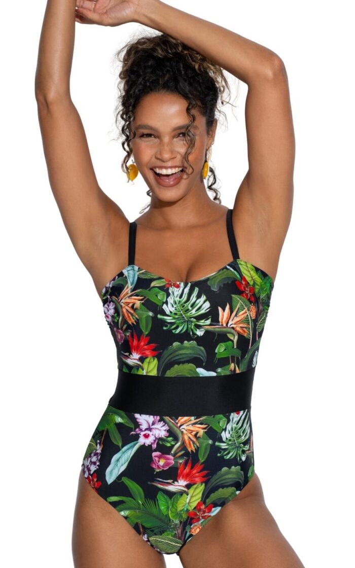 Pour Moi Palermo Panelled Tummy Control Swimsuit - Black Tropical - S - 10