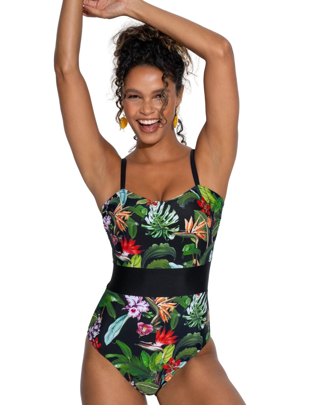 Pour Moi Palermo Panelled Tummy Control Swimsuit - Black Tropical - S - 10