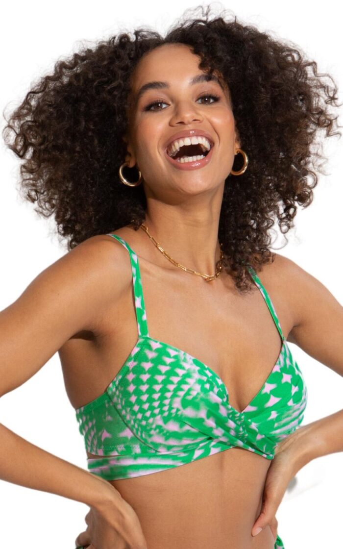 Pour Moi Portofino Lightly Padded Tie Wrap Bikini Top - Green/Pink - 32B