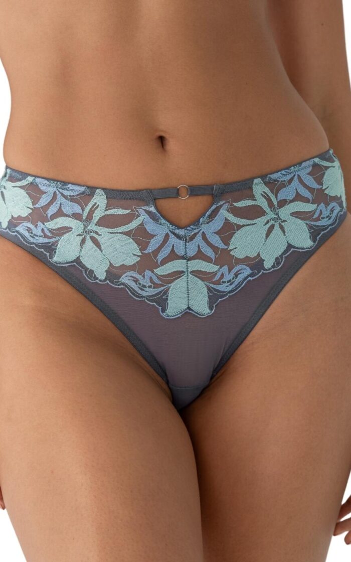 Pour Moi Roxanne Embroidered High Leg Mesh Brief - Slate/Mint/Blue - XS - 8