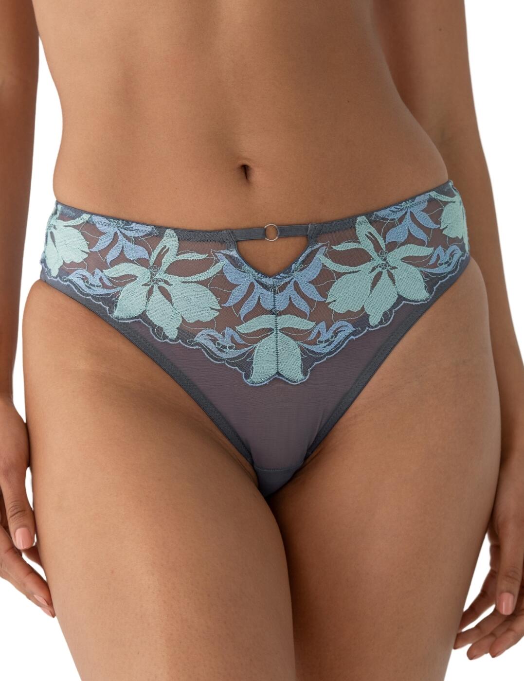 Pour Moi Roxanne Embroidered High Leg Mesh Brief - Slate/Mint/Blue - XS - 8