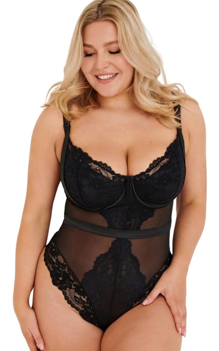 Pour Moi Satin Luxe and Lace Bodysuit - Black - 32DD