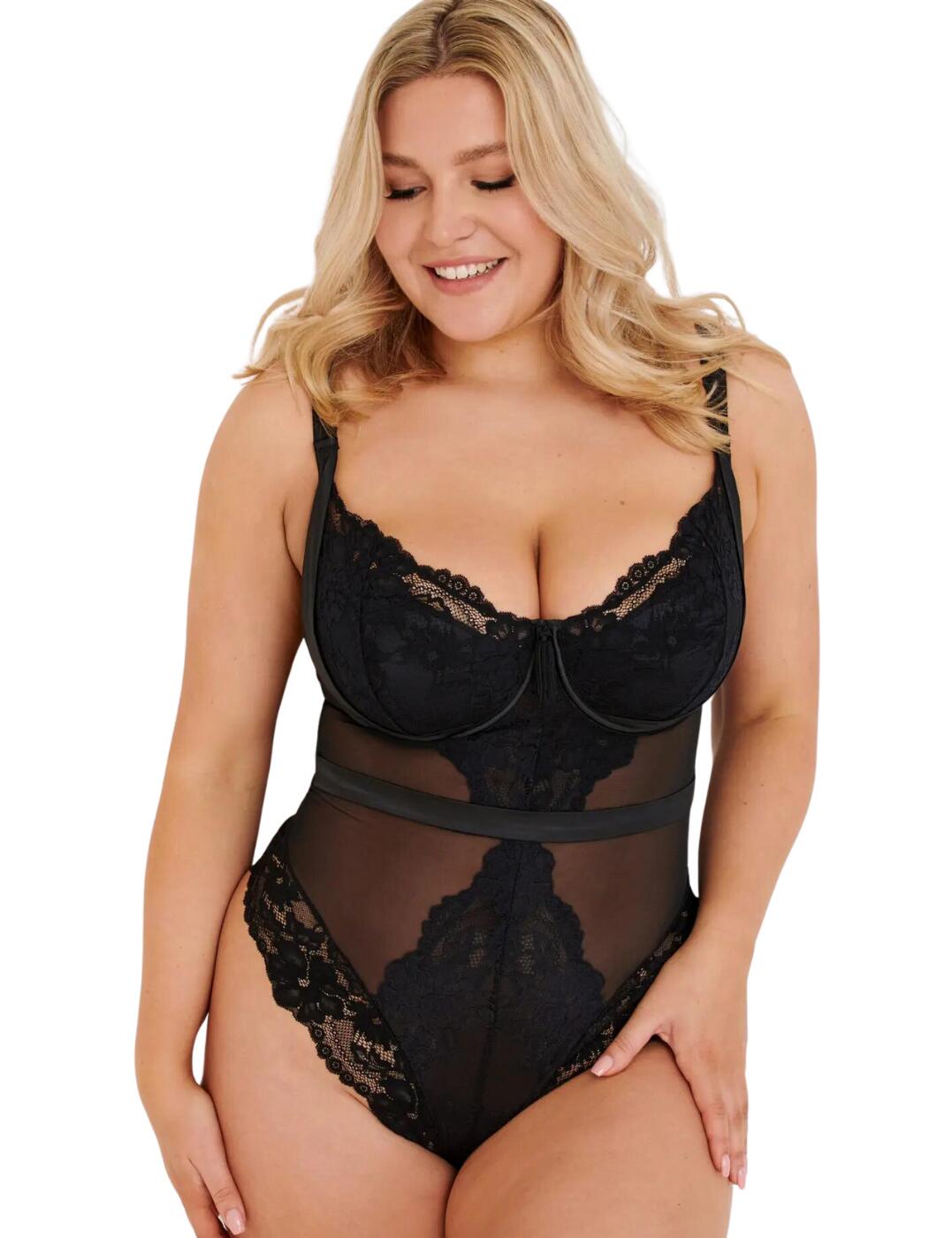 Pour Moi Satin Luxe and Lace Bodysuit - Black - 32DD