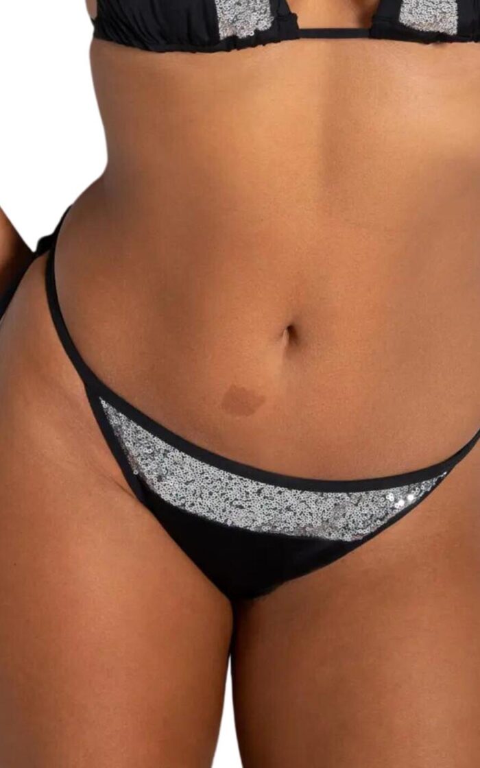Pour Moi Sea Queen Sequin Tie Side Bikini Brief - Black/Silver - XS - 8