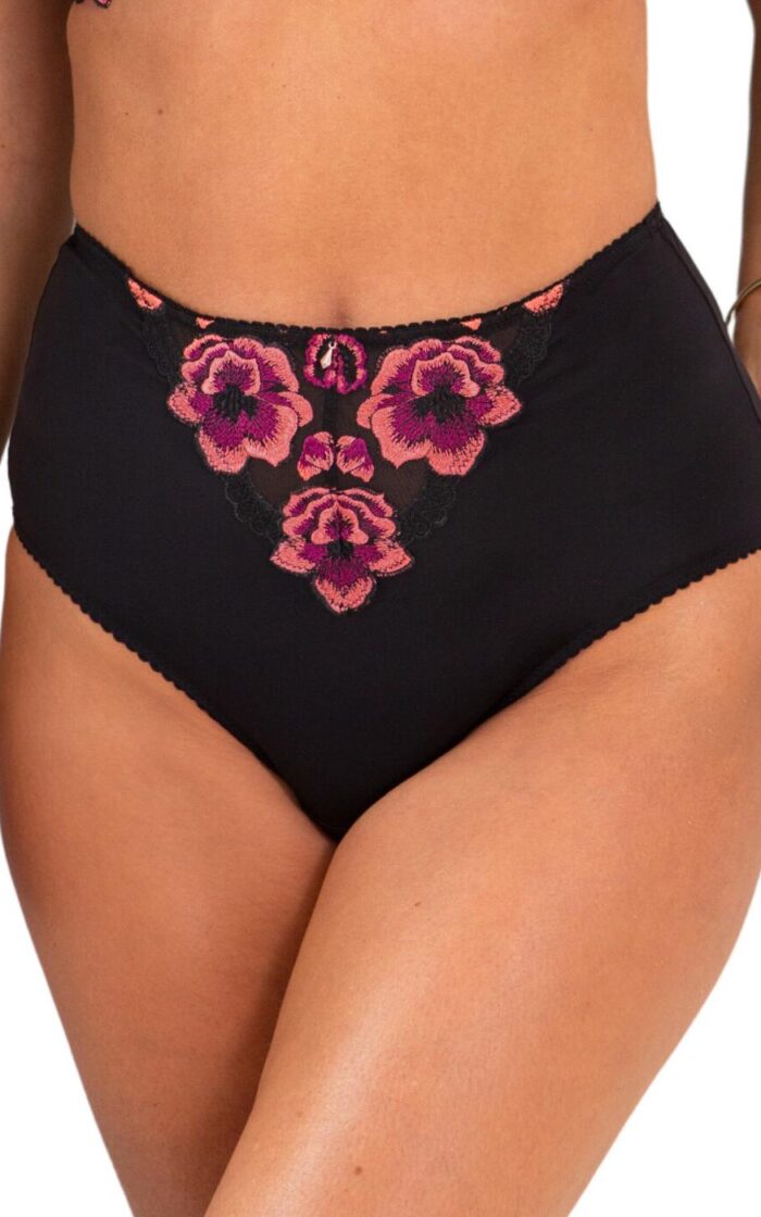 Pour Moi Soiree Embroidery High Waist Deep Brief - Black/Pink - S - 10