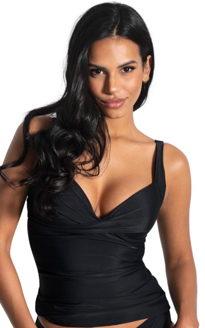 Pour Moi Space Twist Front Plunge Tankini Top - Black - 32FF
