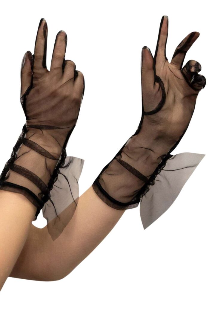 Sheer Black Mesh Gloves with Frill Detail