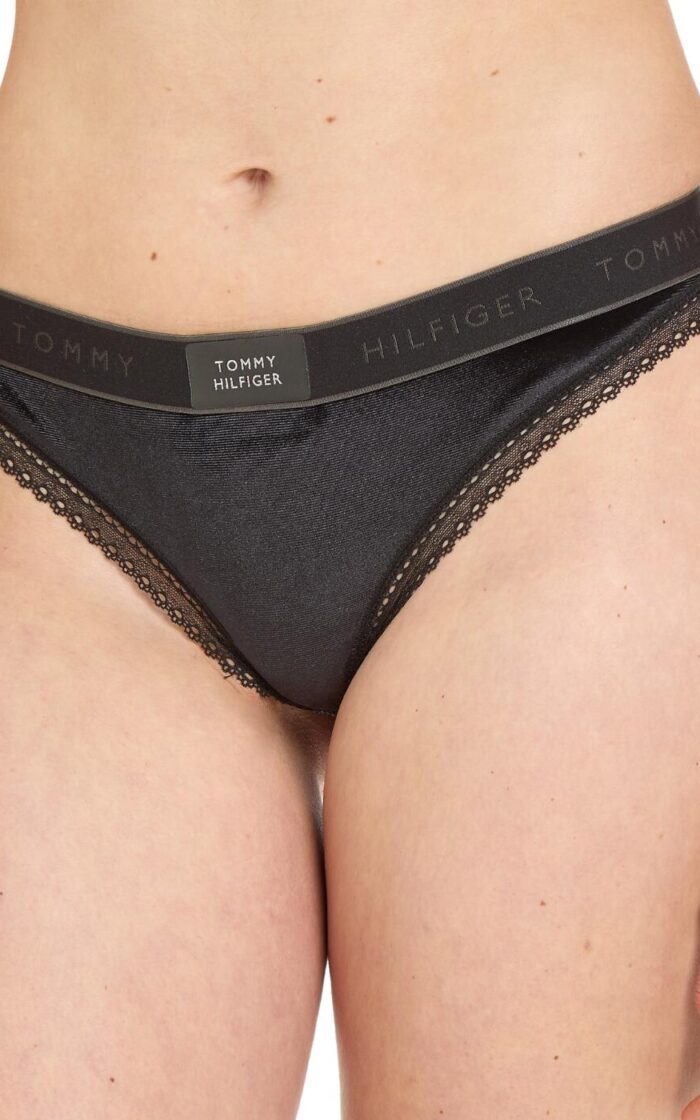 Tommy Hilfiger TH Lace Trim Velour Thong - Black - XS - 8