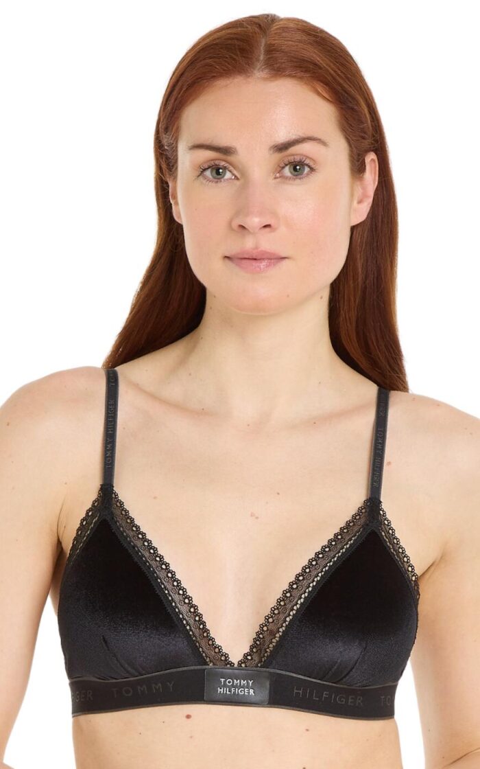 Tommy Hilfiger TH Lace Trim Velour Triangle Bralette - Black - XS - 8